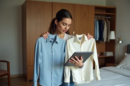 Femme &eacute;l&eacute;gante compare deux chemises dans une chambre moderne