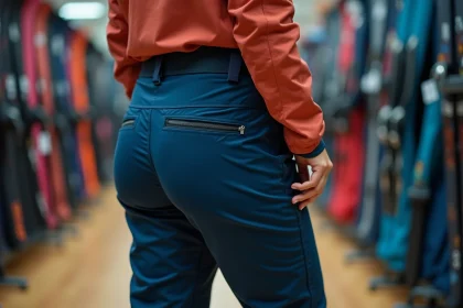 Femme examinant la qualité d'un pantalon de ski en solde dans un magasin de sport