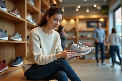 Femme essayant des chaussures Sursell adaptées à ses pieds dans un magasin de chaussures spécialisé