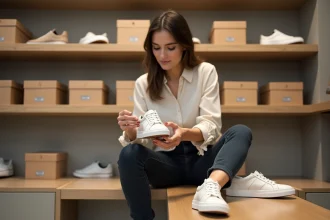 Femme essayant des sneakers blanches dans un magasin de chaussures et vérifiant la pointure indiquée à l'intérieur, guide conversion taille US UK