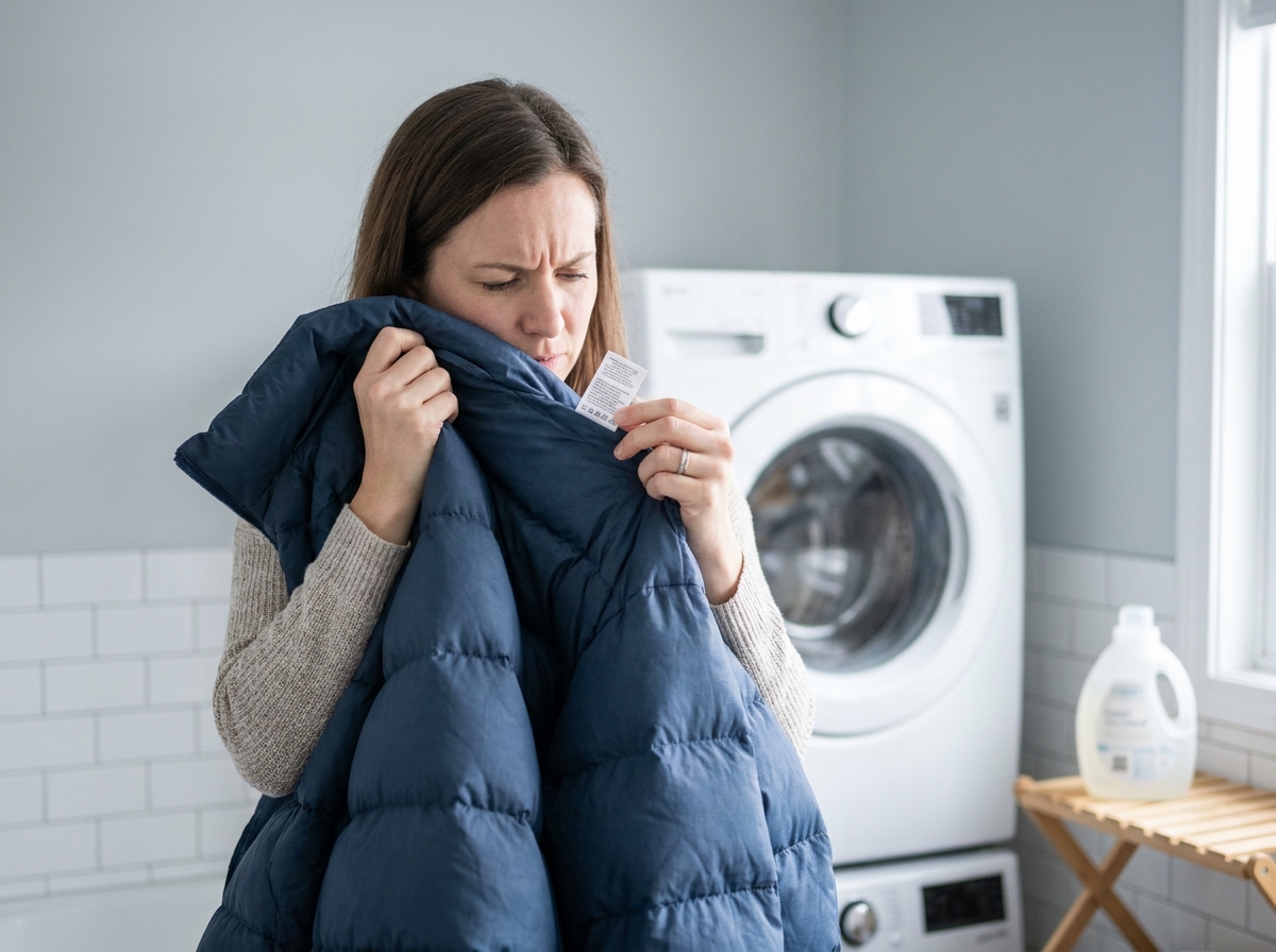 Femme lisant l'étiquette d'entretien d'une doudoune avant de la laver, hésitant devant un lave-linge domestique