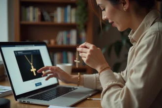 Femme examinant un bijou croix en or avant un achat en ligne, assise à un bureau avec un ordinateur portable