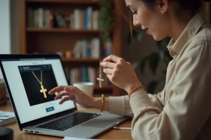 Femme examinant un bijou croix en or avant un achat en ligne, assise à un bureau avec un ordinateur portable