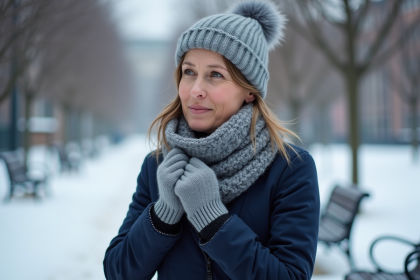 Femme en manteau bleu et écharpe dans un parc enneige