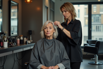 Femme inquiète dans un salon de coiffure moderne