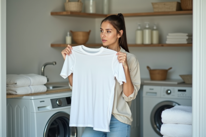 Femme examinant un t-shirt propre dans une buanderie lumineuse