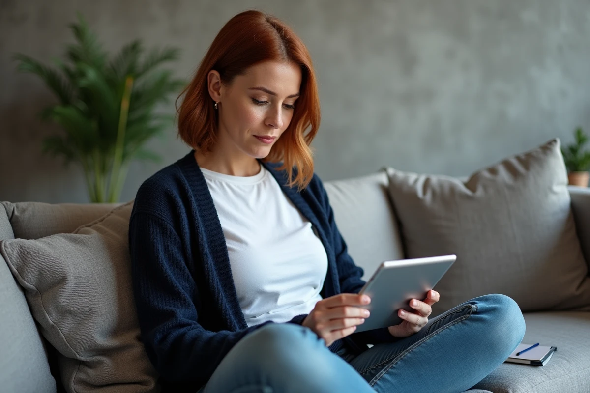 Femme lisant un article de blog mal structuré sur une tablette dans un salon confortable avec un air préoccupé