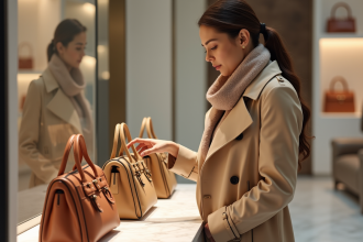 Femme élégante examinant des sacs de luxe en boutique