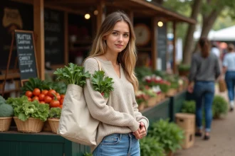 Jeune femme avec sac en tissu au marché bio
