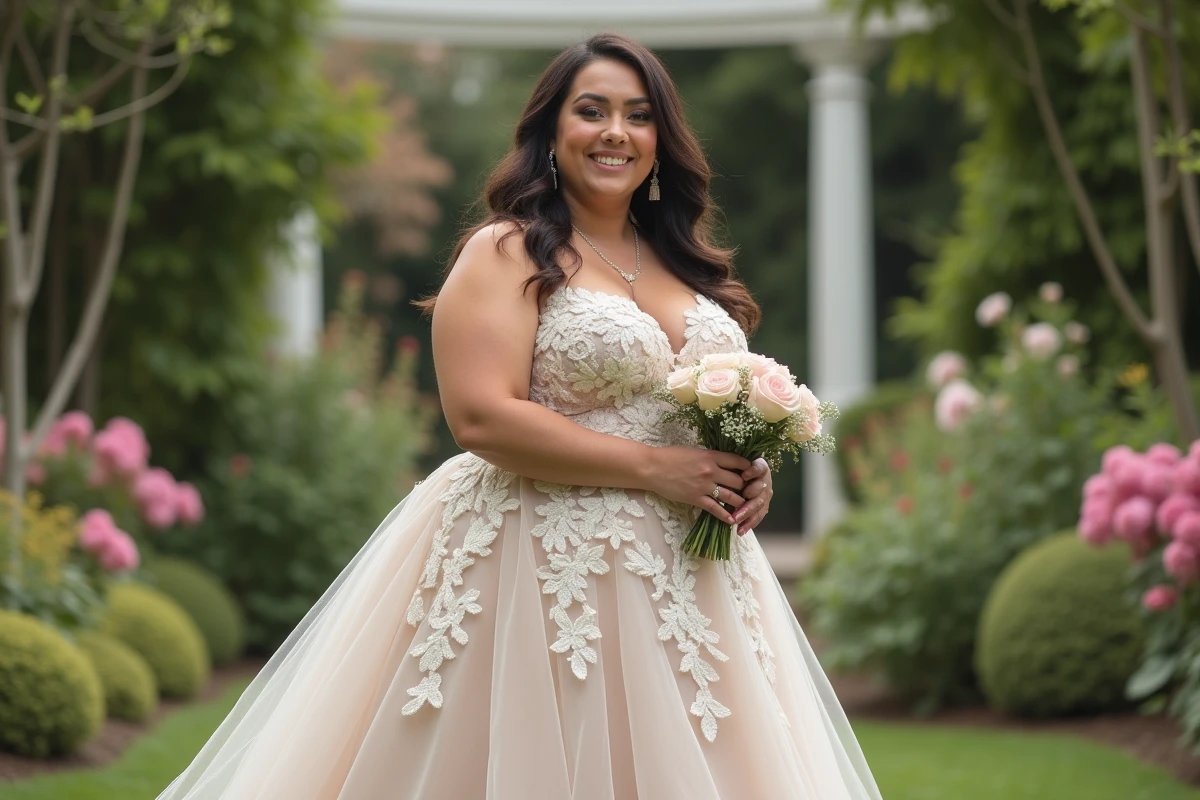 Femme confiante en robe de mariée florale dans un jardin