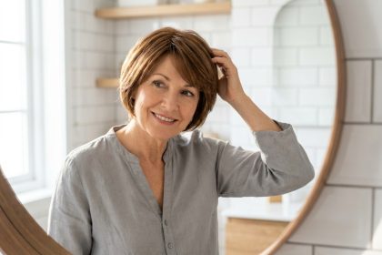 Femme mature portant une perruque courte châtain devant un miroir de salle de bain, coupe rajeunissante au quotidien