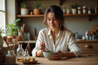 Femme en blouse en lin mélangeant pigments naturels dans une cuisine chaleureuse