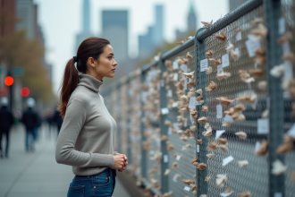 Femme pensante devant un mémorial à New York