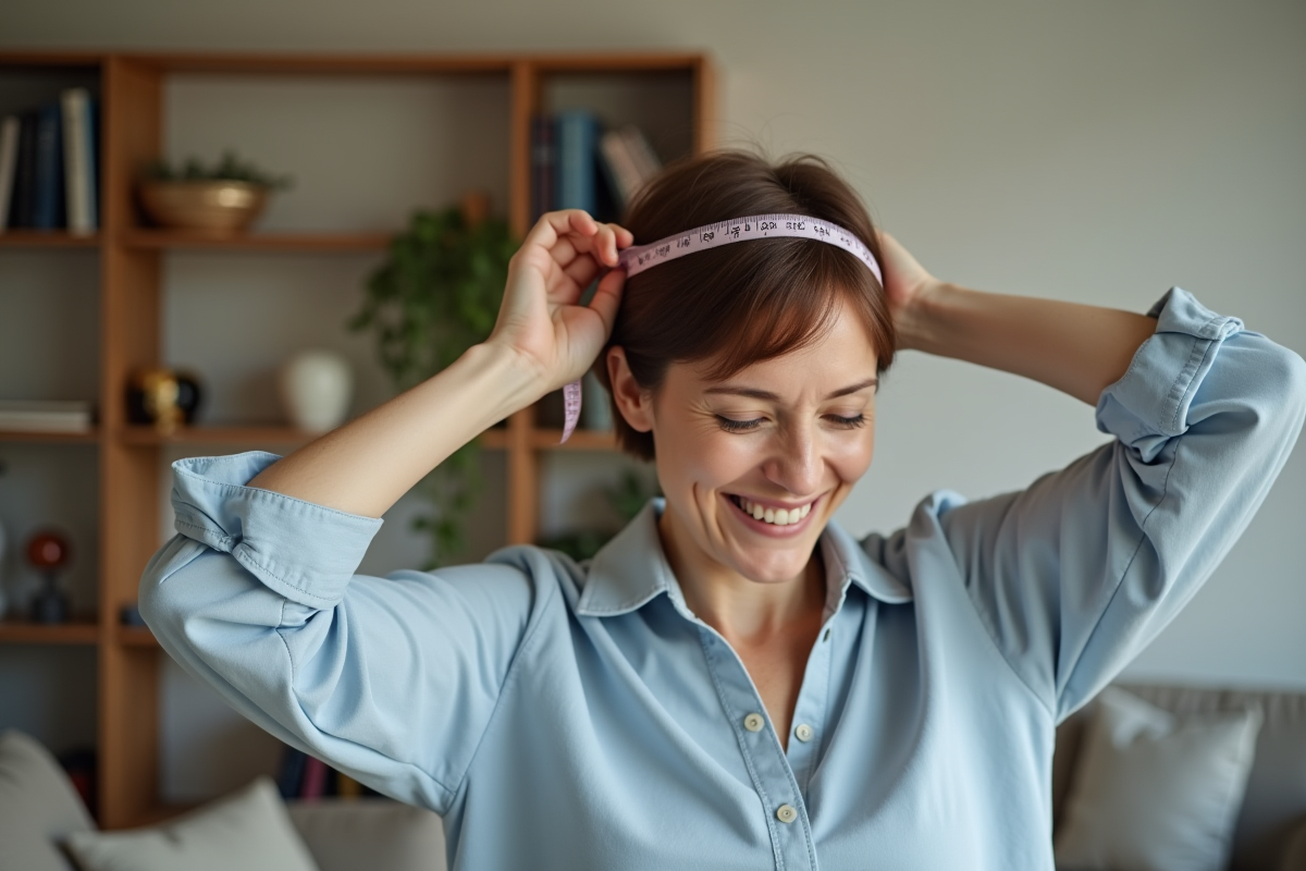 Femme mesurant sa tête avec un ruban dans son salon chaleureux