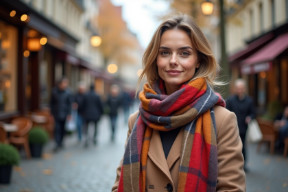 Femme élégante en manteau et foulard coloré en ville