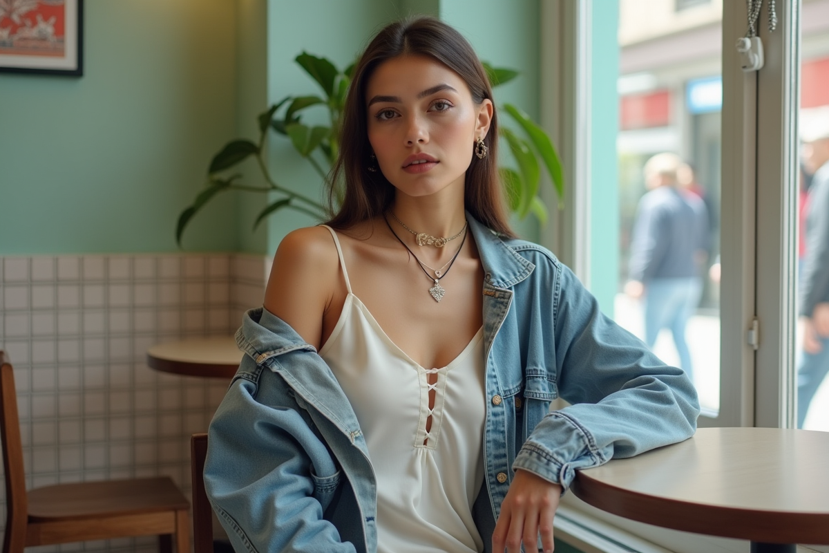 Femme en robe légère et denim dans un café ambiance 90s