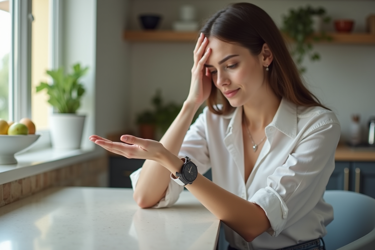 Jeune femme examinant une montre Cluse dans la cuisine