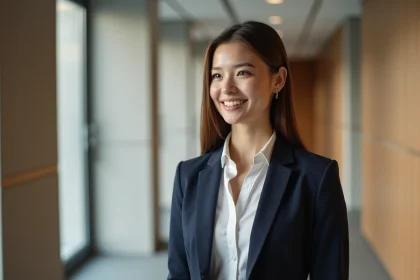 Femme confiante en tailleur navy et coiffure mullet moderne