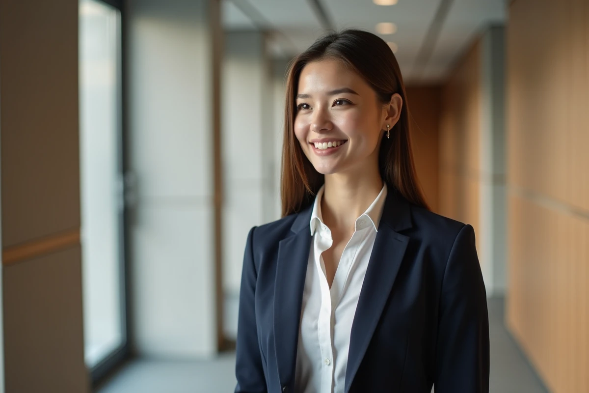 Femme confiante en tailleur navy et coiffure mullet moderne