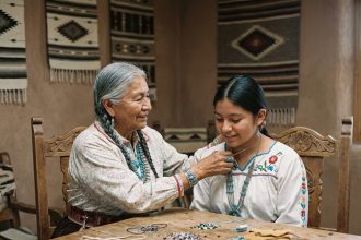 Femme amérindienne âgée avec sa petite fille en tenue traditionnelle