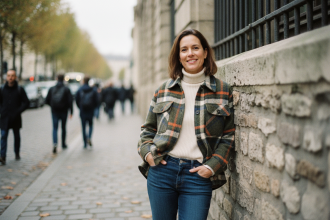 Femme élégante dans une rue parisienne automnale