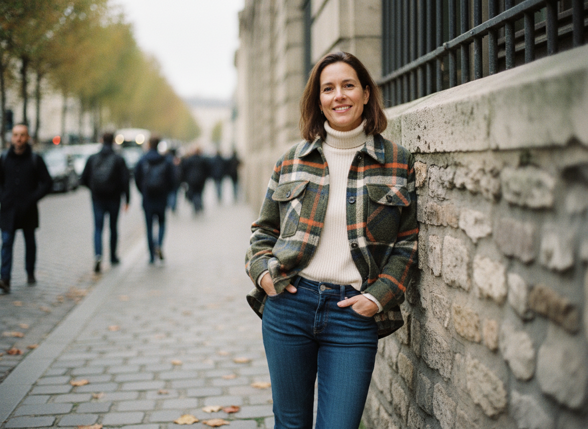 Femme élégante dans une rue parisienne automnale