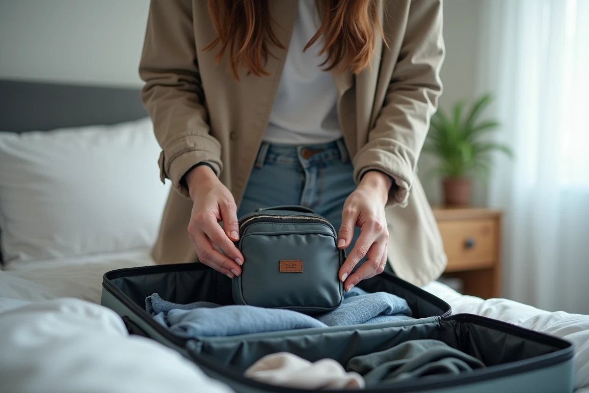 Femme rangeant un sac à chaussures imperméable dans sa valise ouverte sur un lit avant un voyage