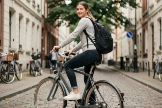 Femme avec sac à dos ordinateur portable montant un vélo de ville sur des pavés urbains