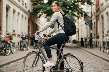 Femme avec sac à dos ordinateur portable montant un vélo de ville sur des pavés urbains