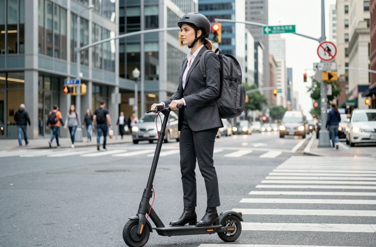 Femme portant un sac à dos pour ordinateur portable sur une trottinette électrique en ville