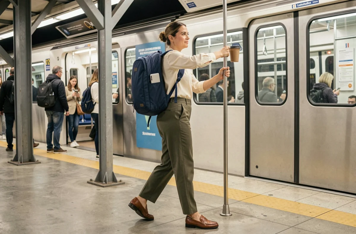 Femme avec sac à dos ordinateur portable dans les transports en commun, métro urbain