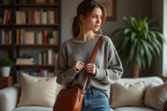 Femme ajustant son sac en cuir tan dans un intérieur chaleureux