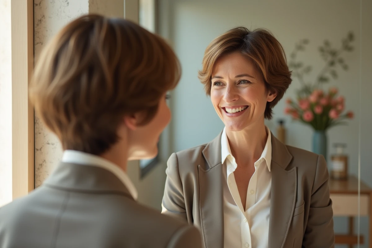 Femme souriante examinant sa coiffure dans un salon lumineux