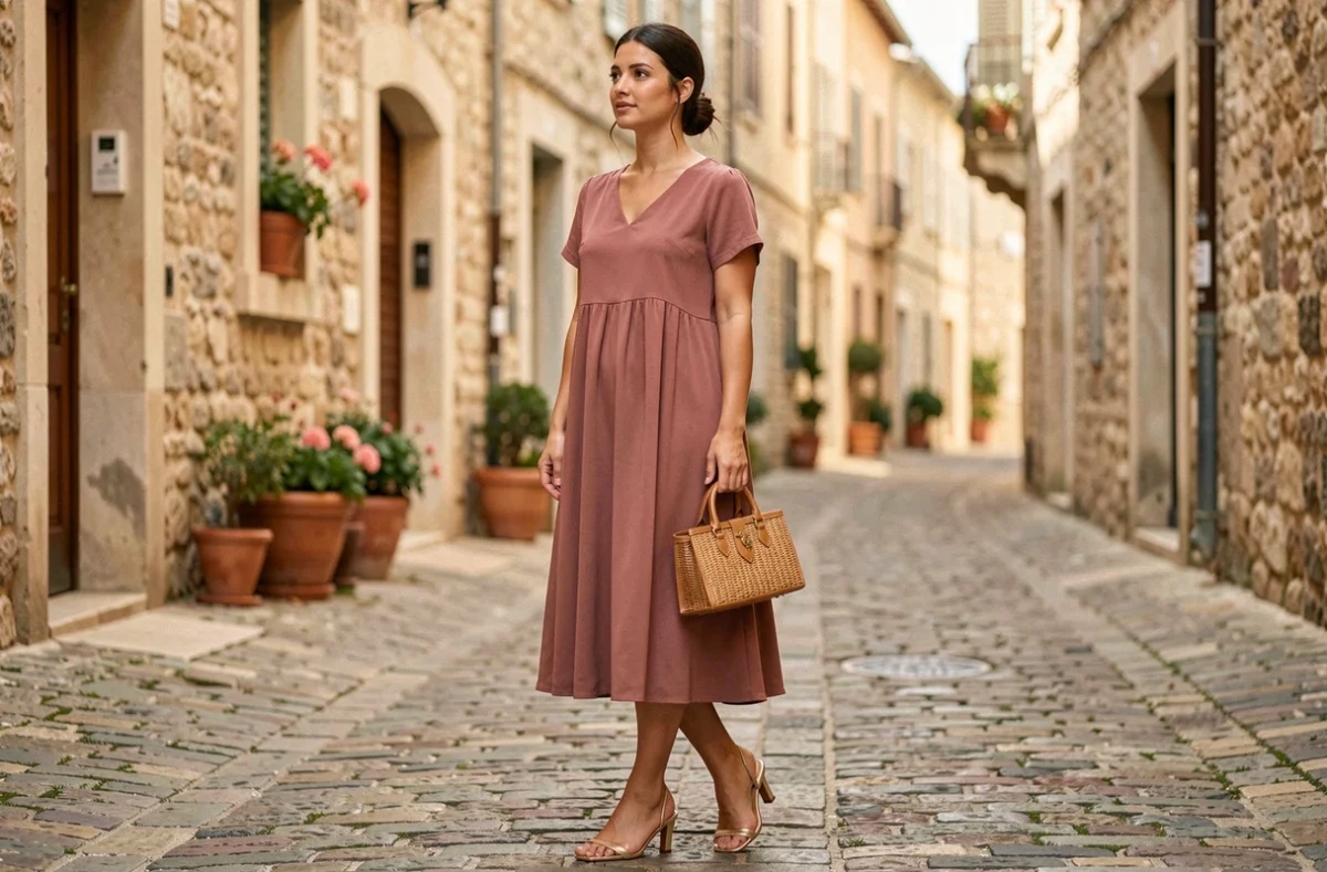 Femme en robe midi rose portant des sandales dorées à petit talon avec un sac en rotin à fermoir doré dans une ruelle pavée