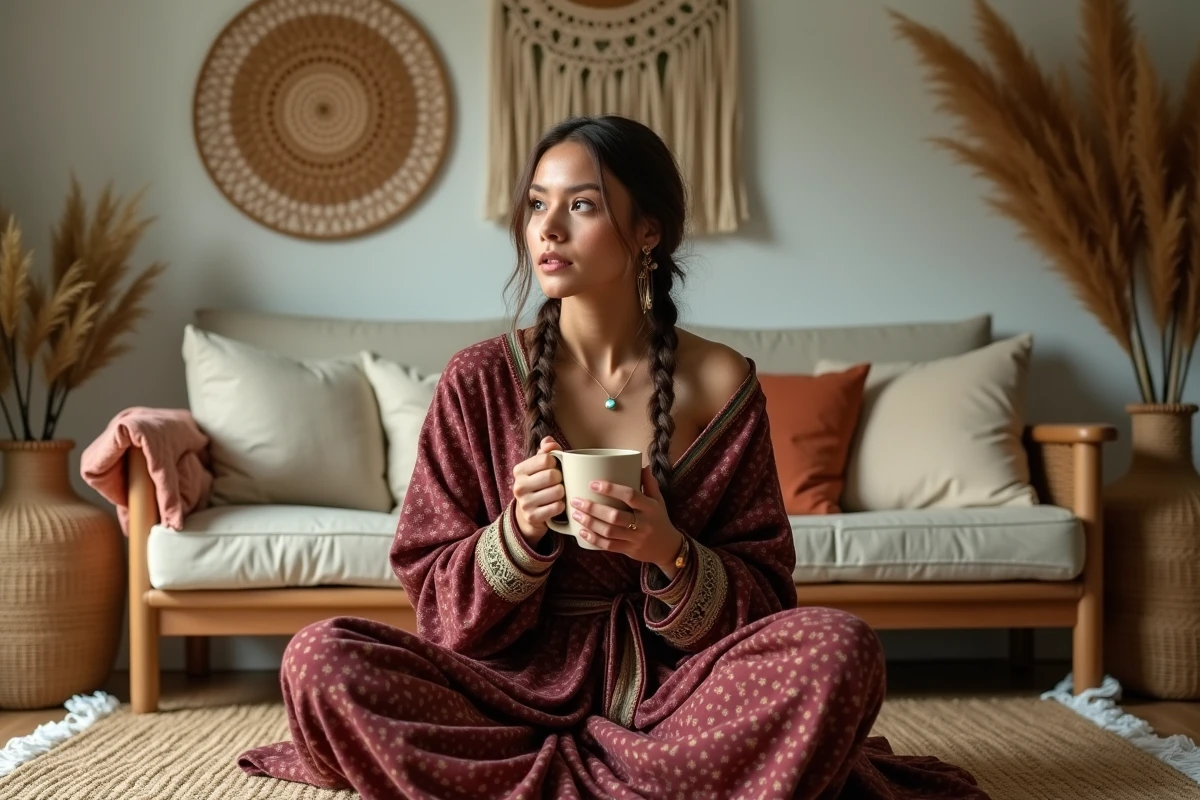 Femme en sarouel bordeaux imprimé et blouse ivoire assise sur un tapis kilim dans un intérieur bohème décoré