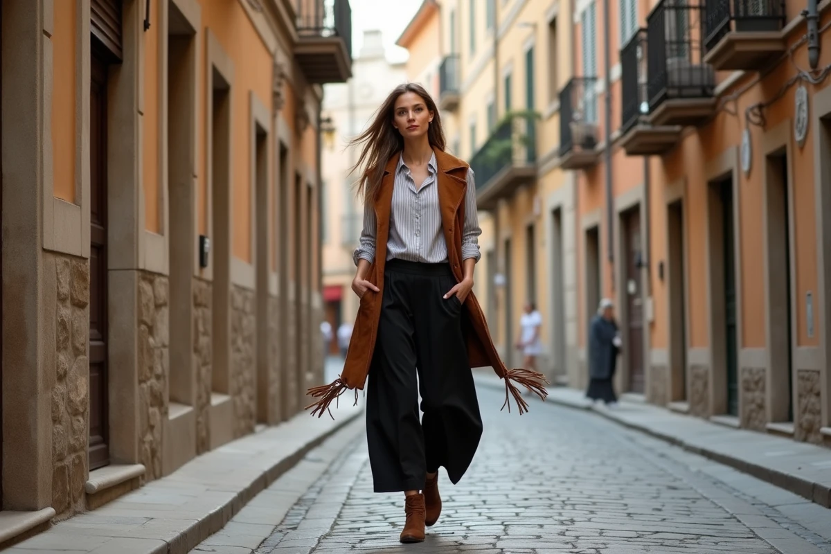 Femme en sarouel noir et veste franges suédée marchant dans une rue pavée d'une ville européenne, style bohème urbain