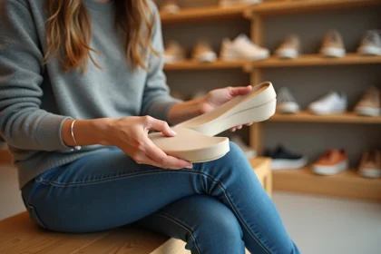 Femme tenant une semelle orthopédique et une chaussure trop grande pour ajuster la pointure