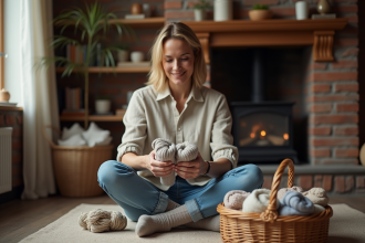 Femme assise sur le sol en jeans et chaussettes en laine