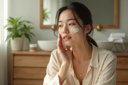 Femme appliquant crème visage dans salle de bain lumineuse