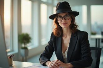 Femme élégante en bureau moderne portant un costume et fedora
