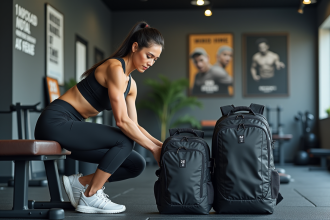 Femme sportive choisissant un sac à dos dans une salle de sport