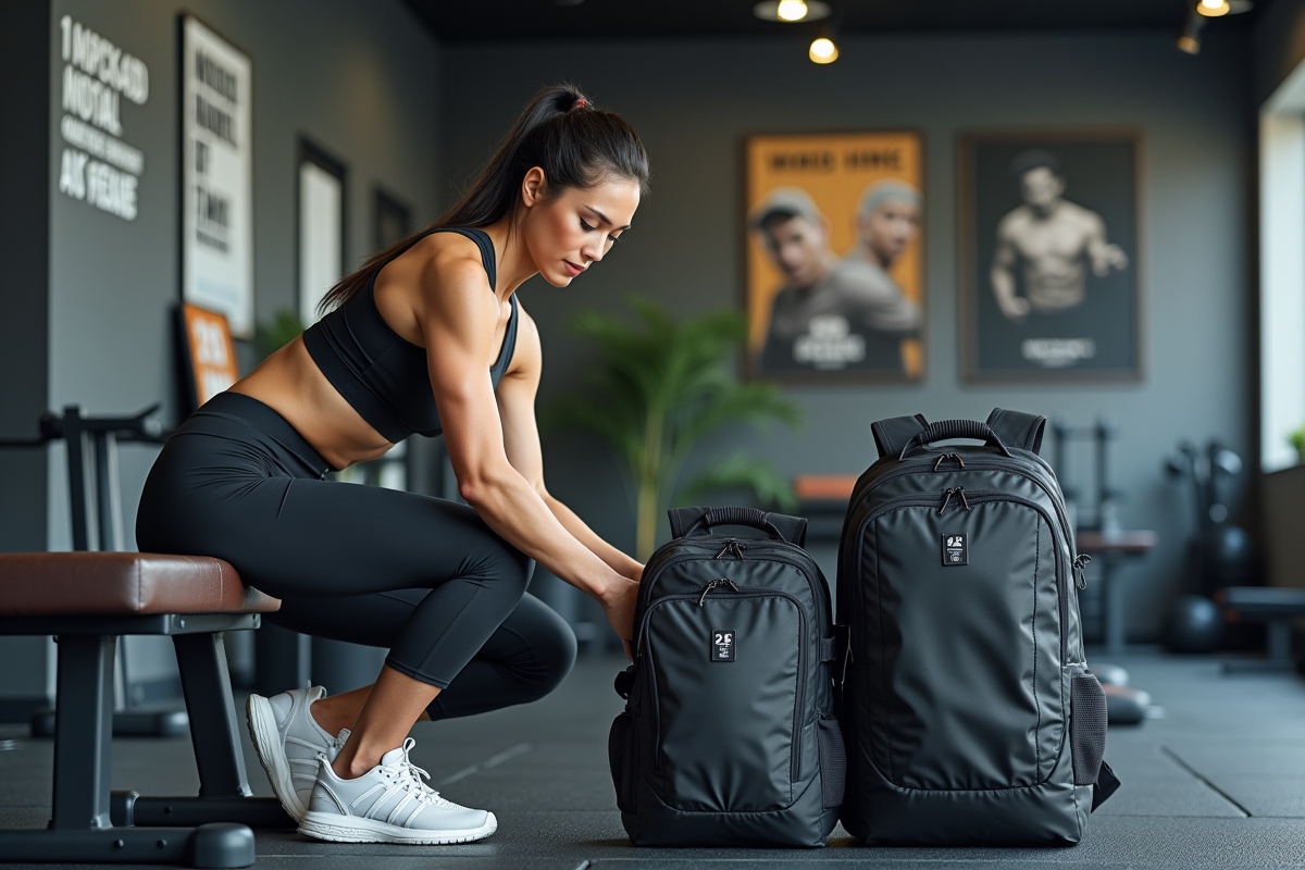 Femme sportive choisissant un sac à dos dans une salle de sport