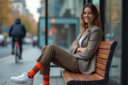 Femme élégante assise au bus stop avec chaussettes colorées