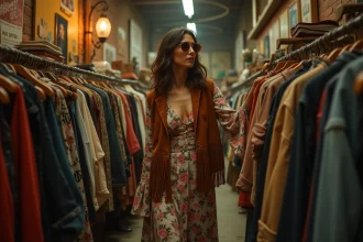 Femme en robe maxi fleurie et veste en suède à franges faisant du shopping dans une friperie vintage aux murs en brique