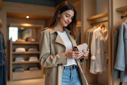 Jeune femme élégante examine un sac dans une boutique