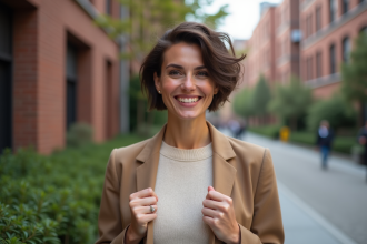 Femme élégante en blazer dans une rue urbaine en matinée