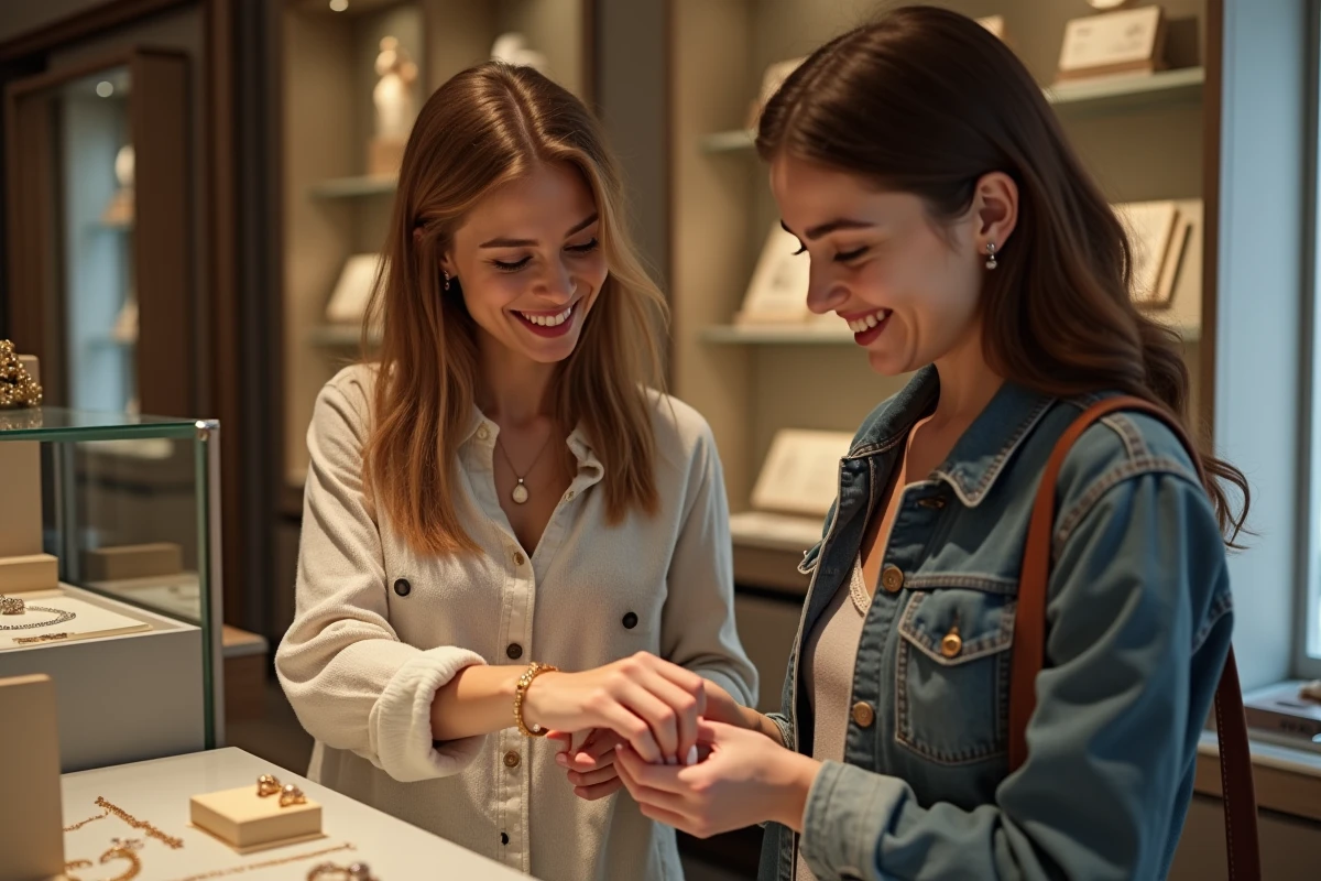 Deux femmes dans une bijouterie française essayant un bracelet en or La Vie en Or, évoquant le bon moment pour acheter un bijou au meilleur prix