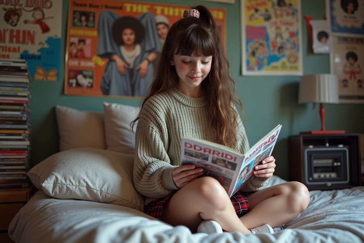 Jeune fille en style 90s lisant un magazine dans sa chambre