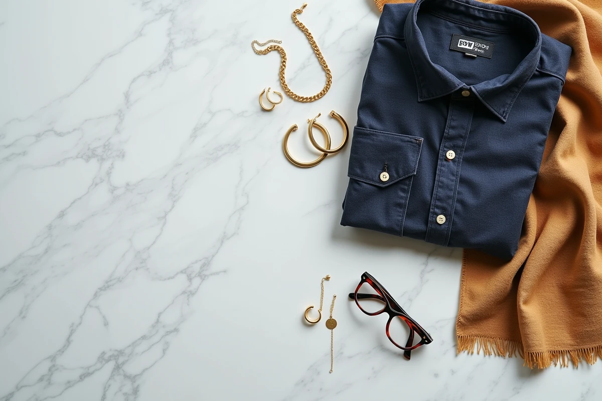 Flat lay éditorial sur marbre présentant des bijoux en or jaune et or blanc aux côtés de pièces vestimentaires neutres pour illustrer le choix selon la garde-robe
