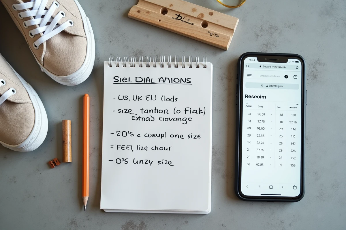 Flat lay d'une paire de chaussures en toile, d'un carnet de notes avec des conversions de pointures US UK EU et d'un smartphone affichant un guide de tailles